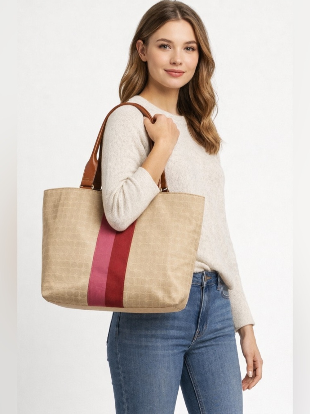 Kate Spade Beige and Pink Tote with Brown Leather Handles AS IS